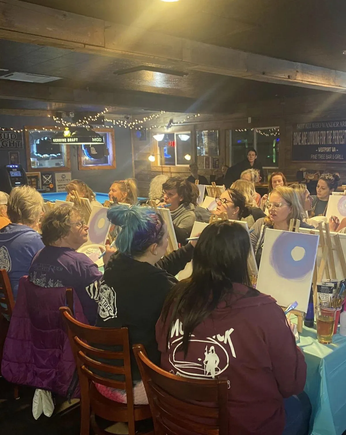 Paint n' sip, drunk painting, wine and paint, paint night group painting and drinking at the Pine Tree Bar and Grill